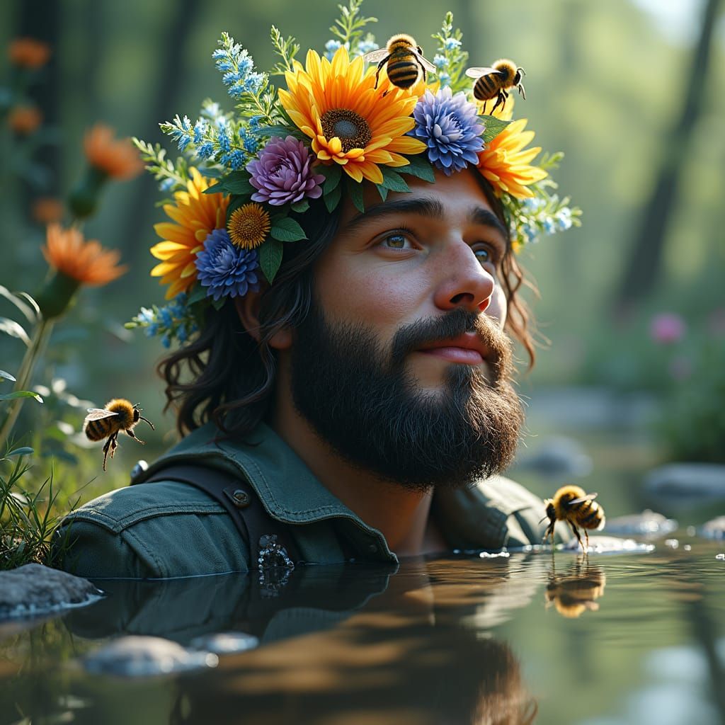 Man Adorned with Flowers by Bees