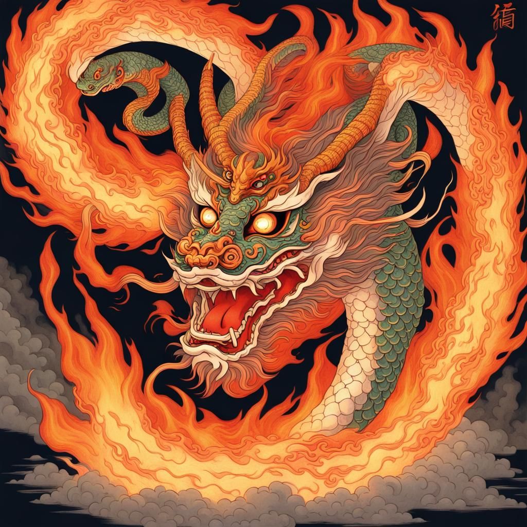 Chinese Dragon Dancing Through Fire in Ukiyo-e Style