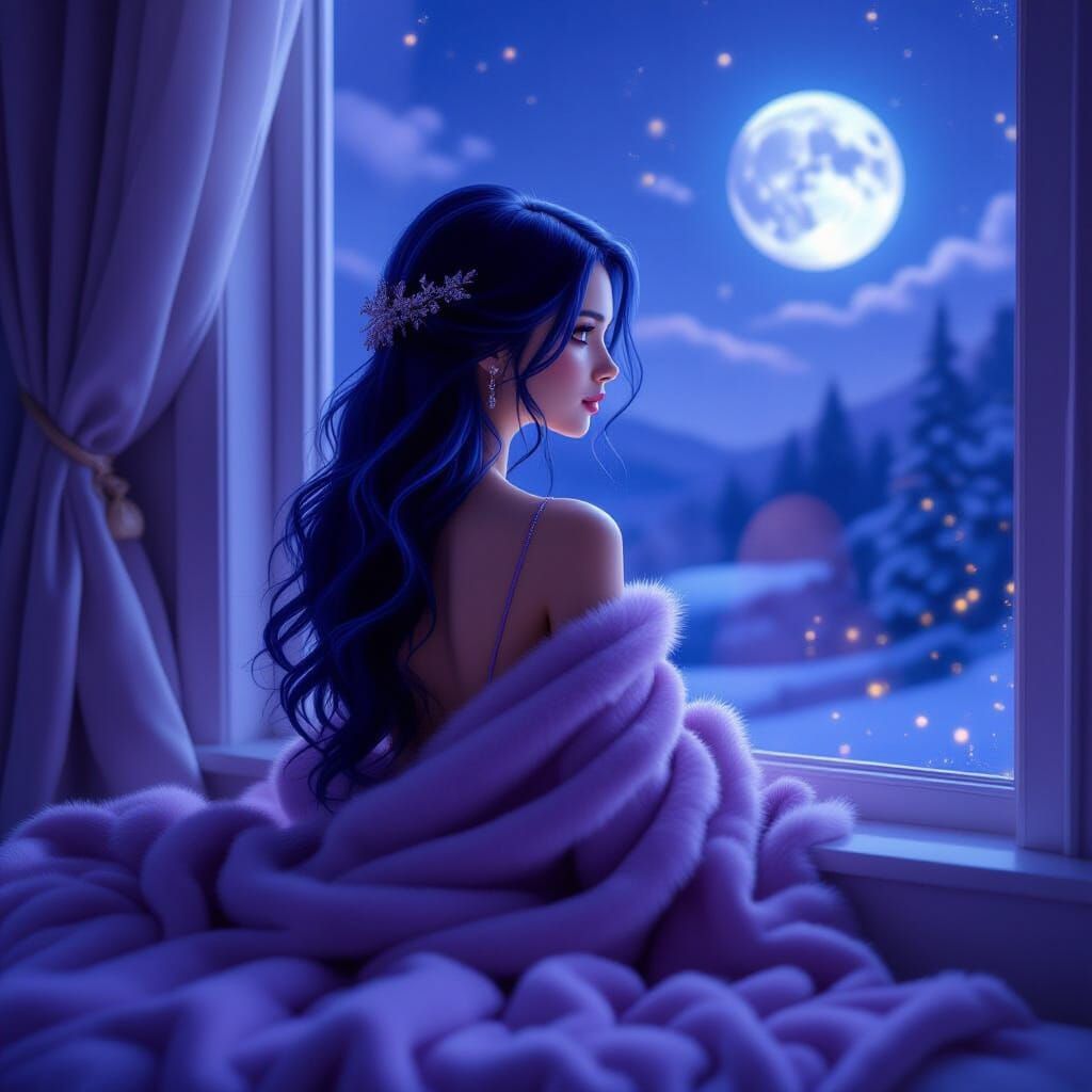 A shy young woman with flowing indigo blue hair, wearing an ...