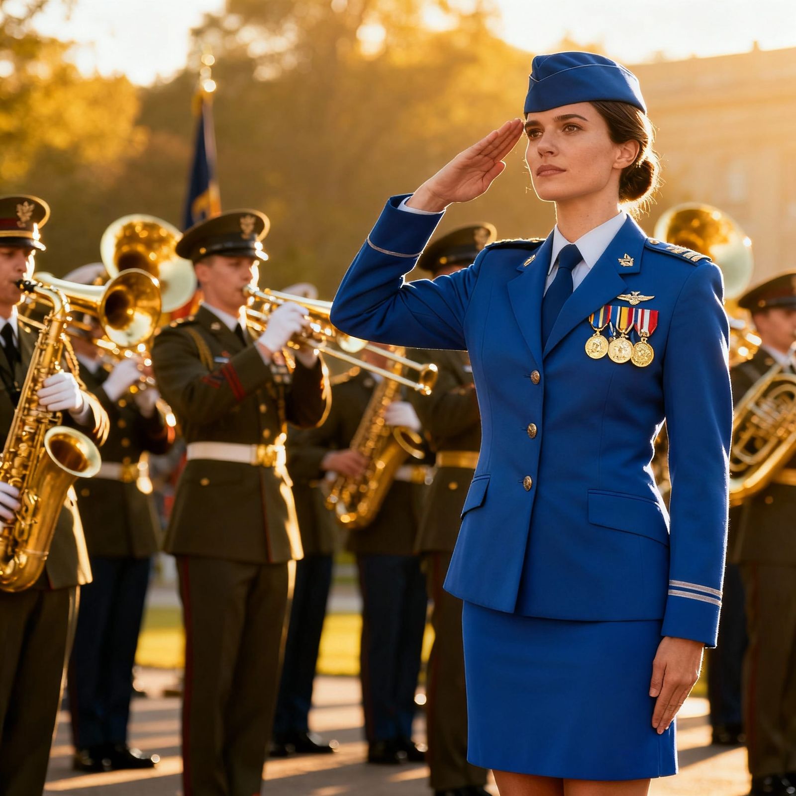 Officer Salutes During Military Ceremony with Brass Band