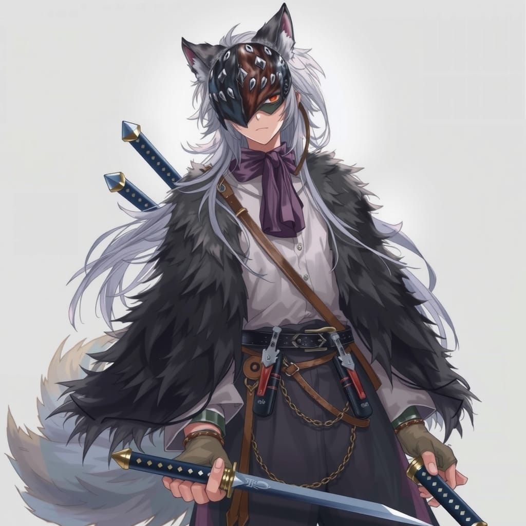 Wolf-Masked Warrior with Swords, Anime-Inspired Style