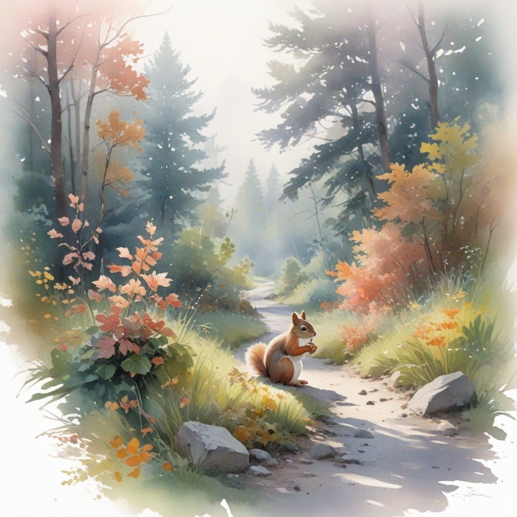 Squirrel in Autumn Woodland: Pastel Watercolor Painting