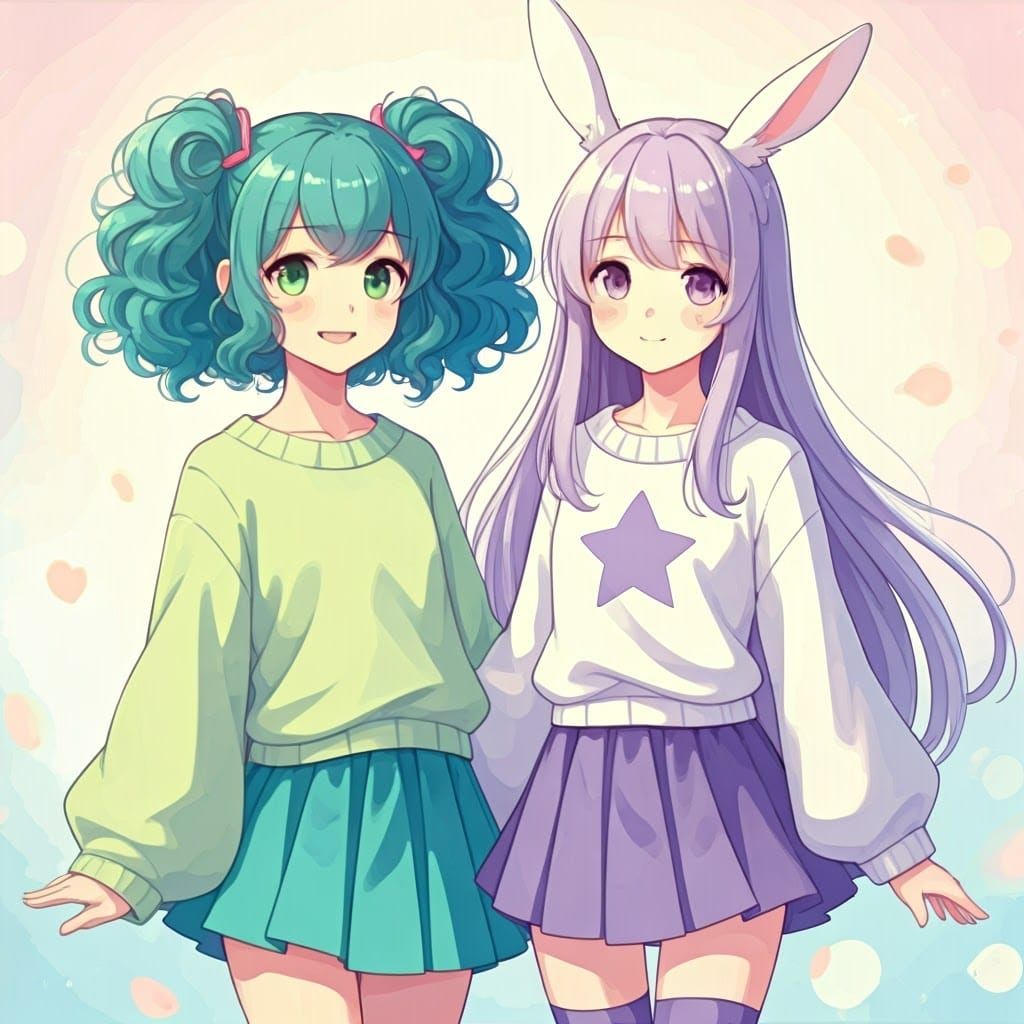 Dreamy Anime Girls in Whimsical Pastel Hues