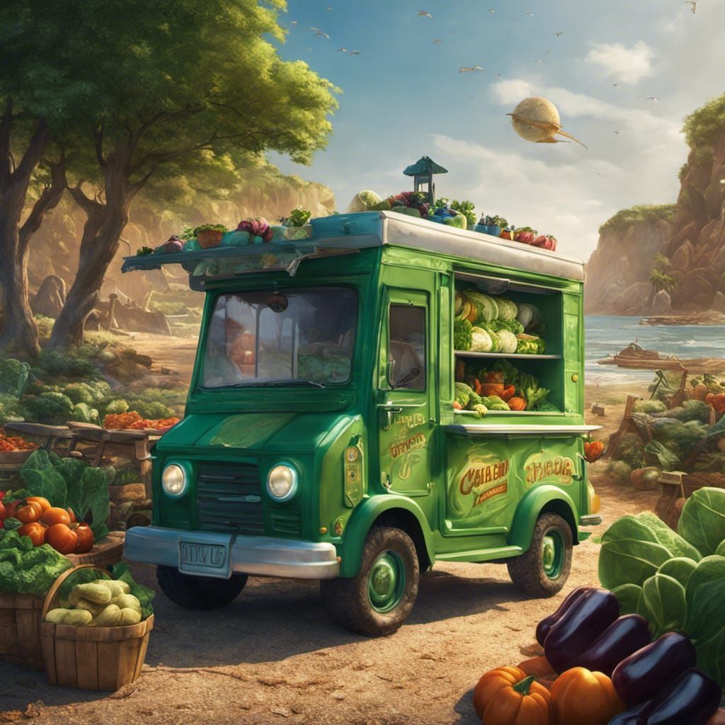 Green Ice Cream Truck Selling Vegetables as Matte Painting