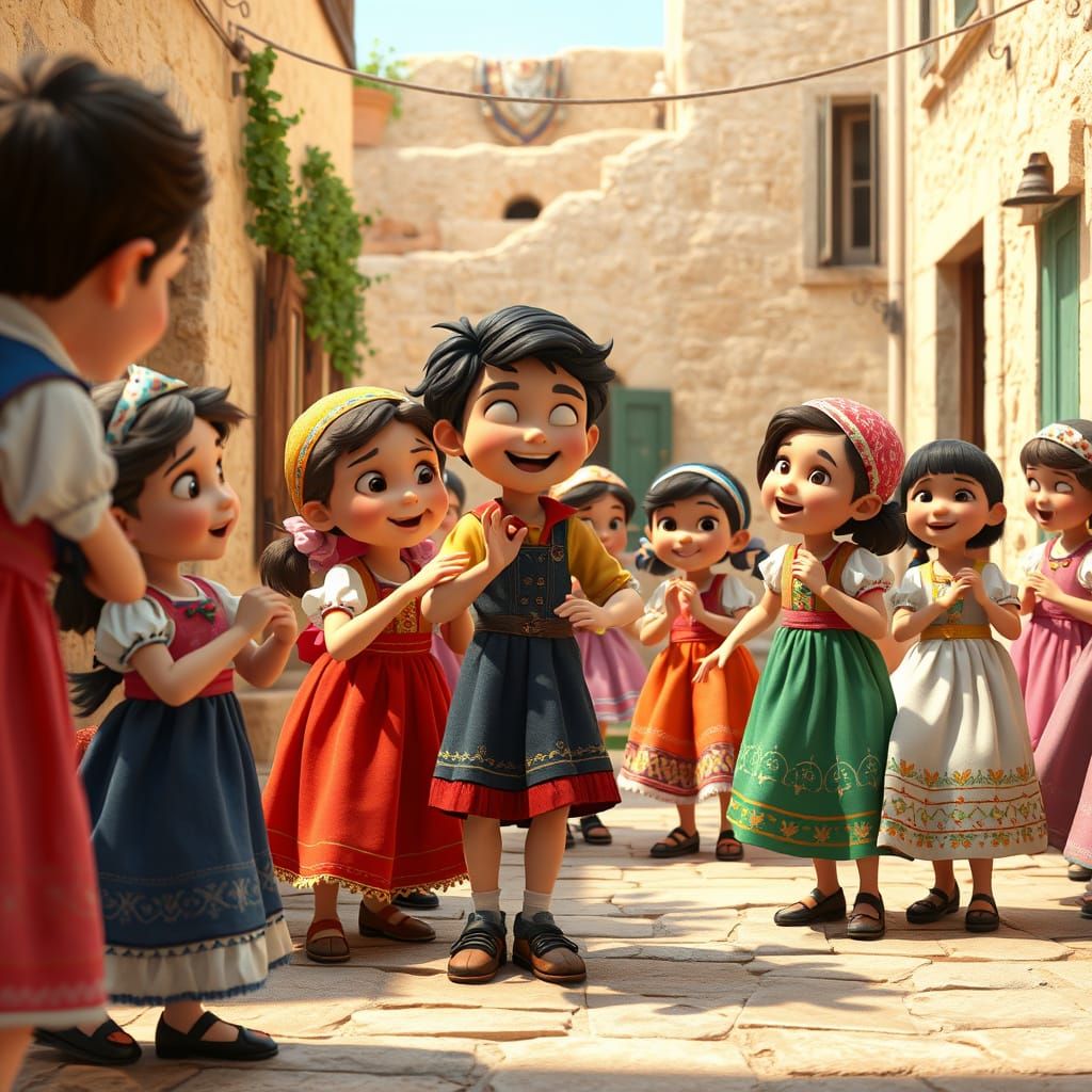 Whimsical Puglia Folk Dance Scene in Disney-Pixar Style