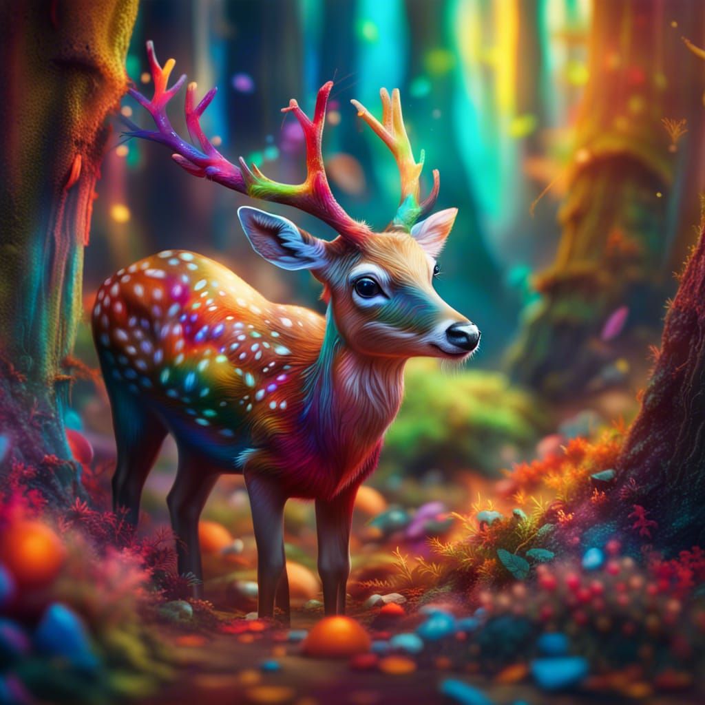 Deer Eating in Colorful Fantasy Forest