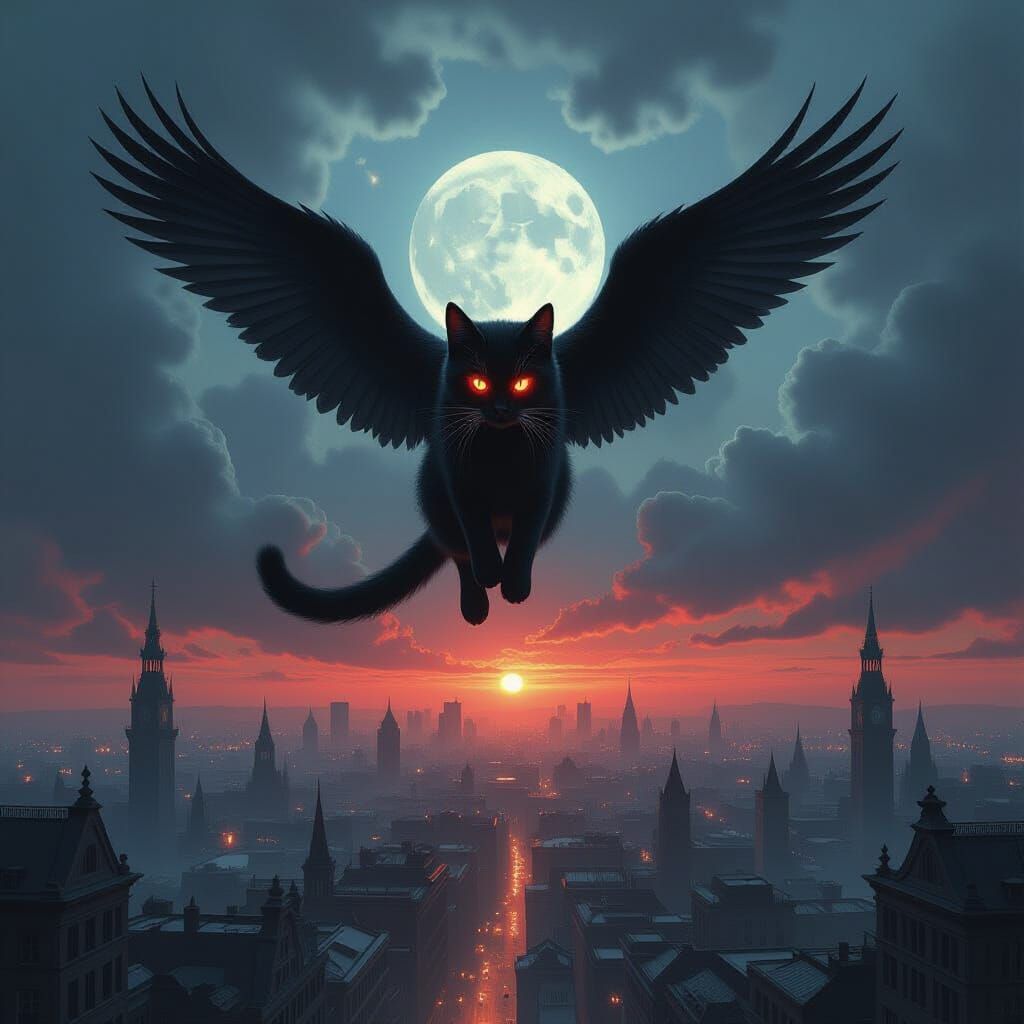 Winged Black Cat Soars Over Dark City