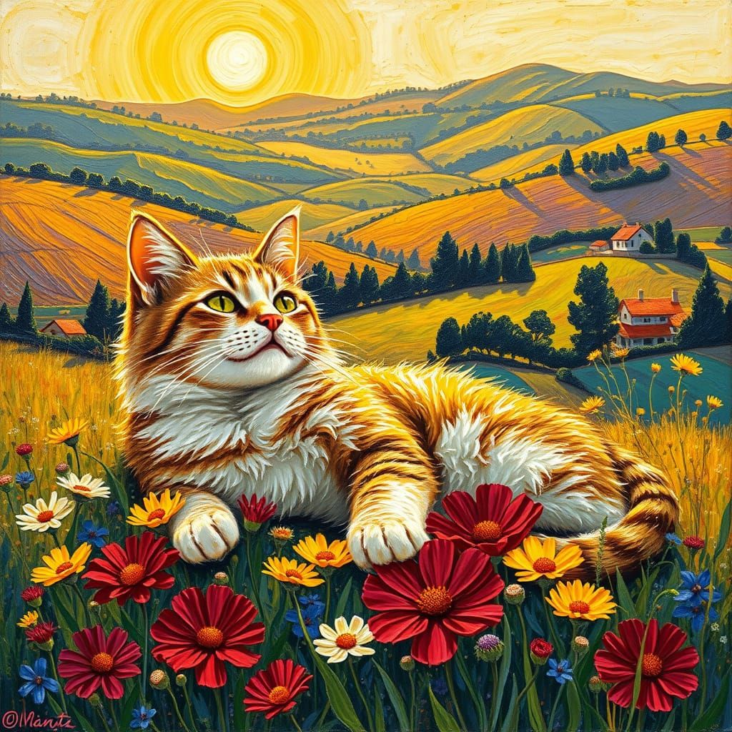 Cat Lounging in Wildflowers: An Impasto Painting