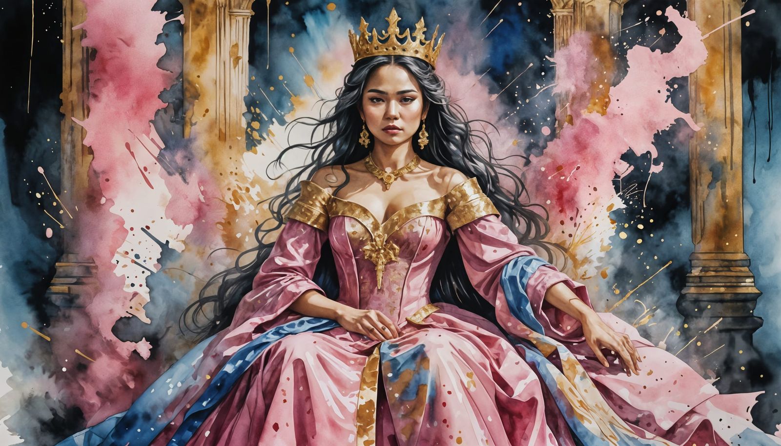 Filipino Queen on Throne: Watercolor Fantasy Art