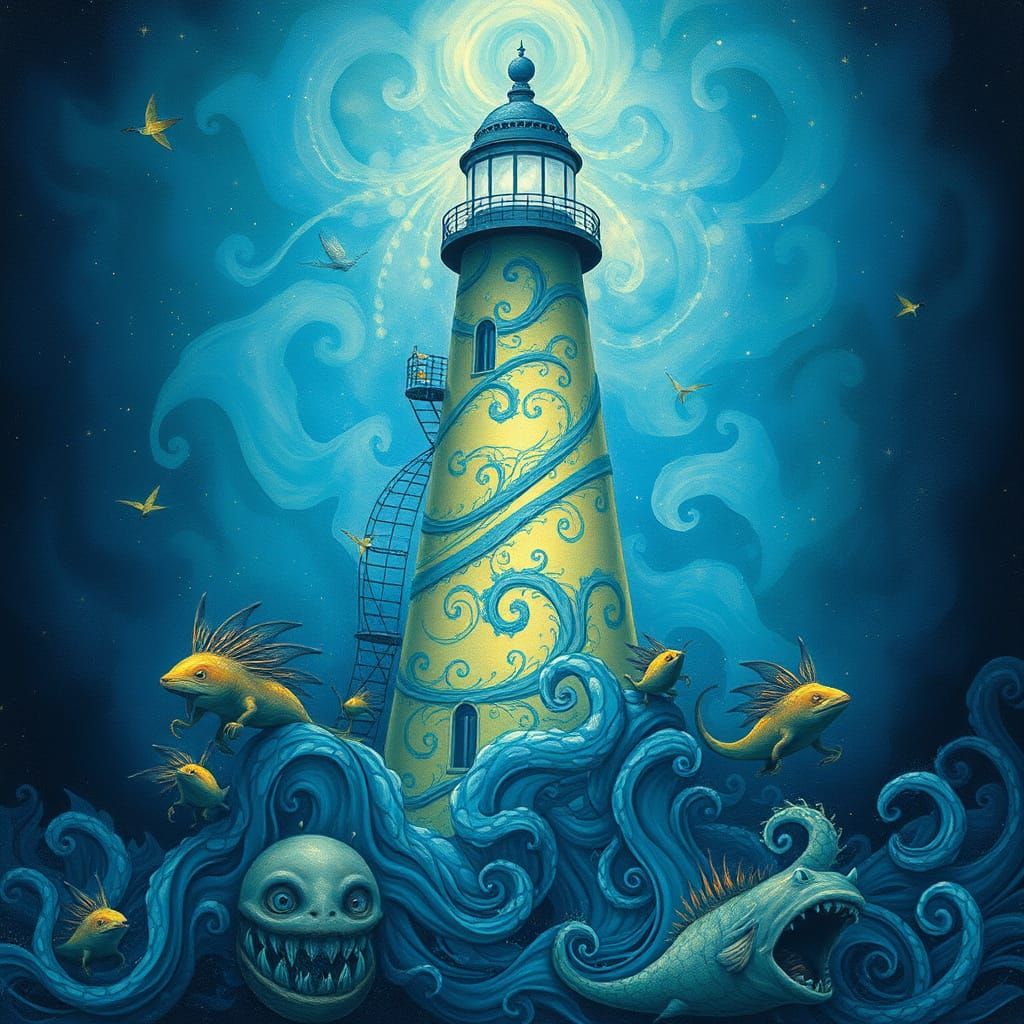 Enchanted Lighthouse with Blue Glow in Fairy-Tale Style
