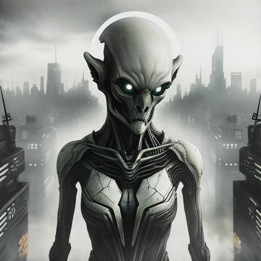 Surreal Alien in Dystopian Cityscape: Double Exposure Photo