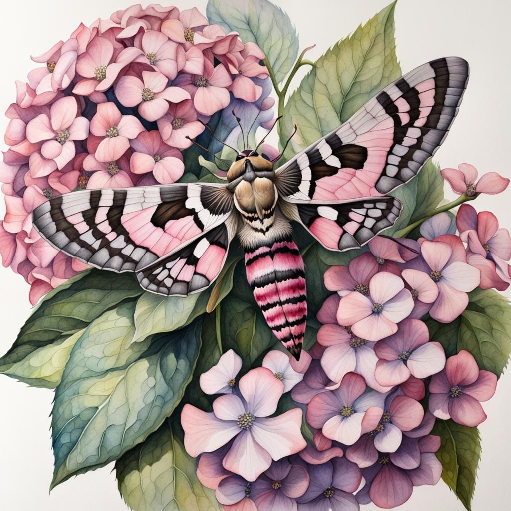 Hawk moth on hydrangeas