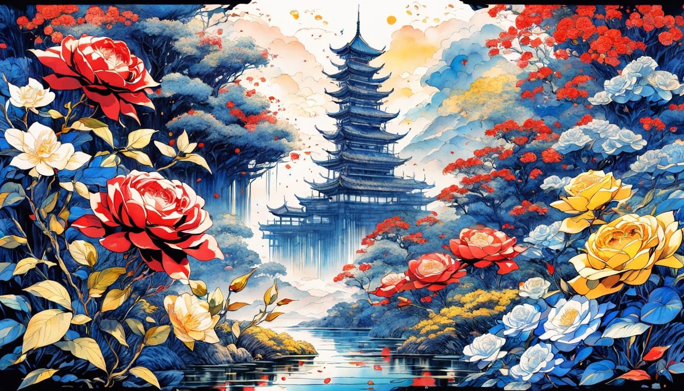 Surreal Watercolor Landscape with Asian Shields and Flying R...