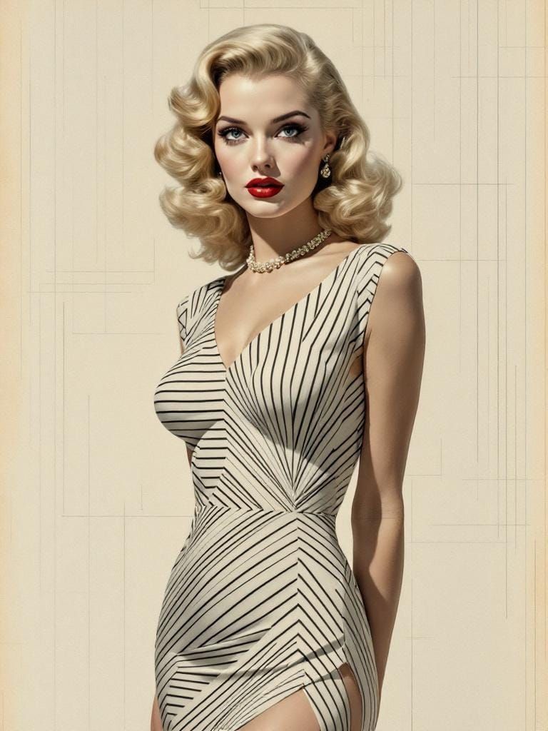 1950s Pin-Up with Geometric Patterns and Atmospheric Perspec...
