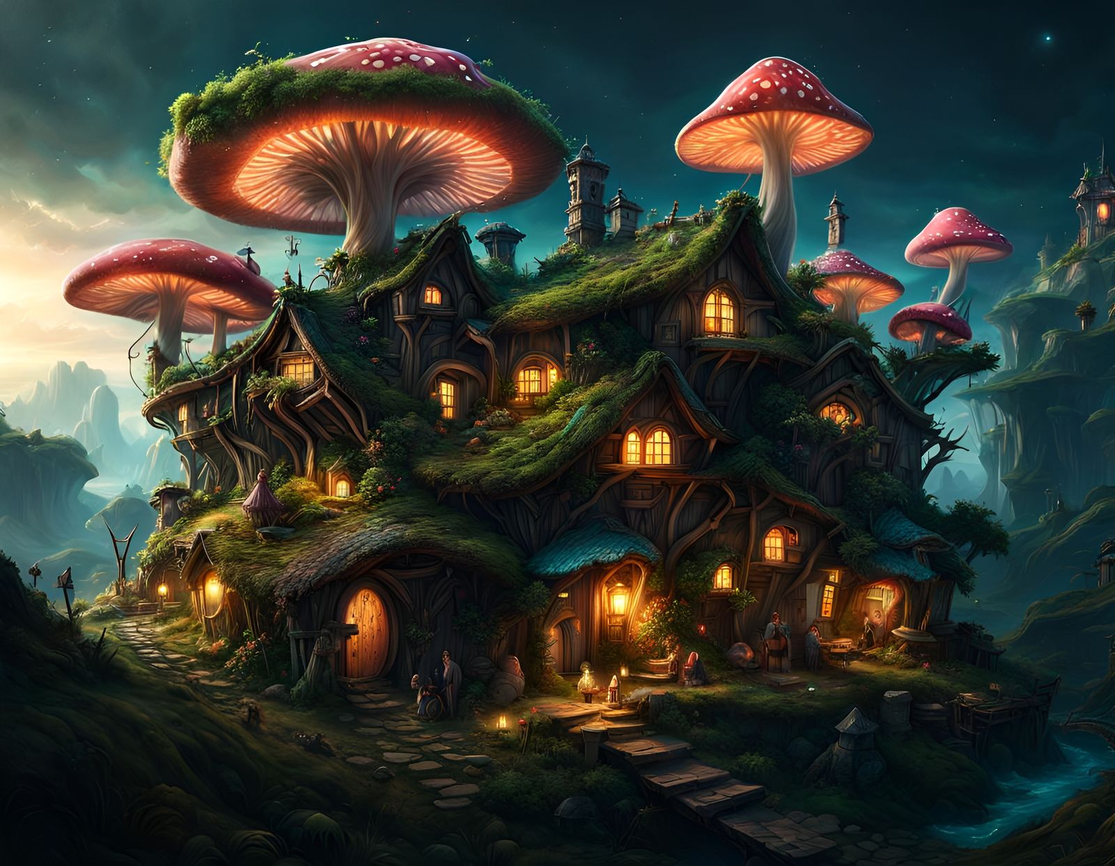 Enchanted Faerie Village Inside Bioluminescent Mushrooms