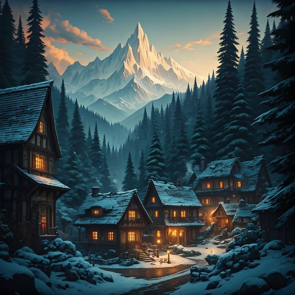 Snowy Village in Foothills of Majestic Mountains