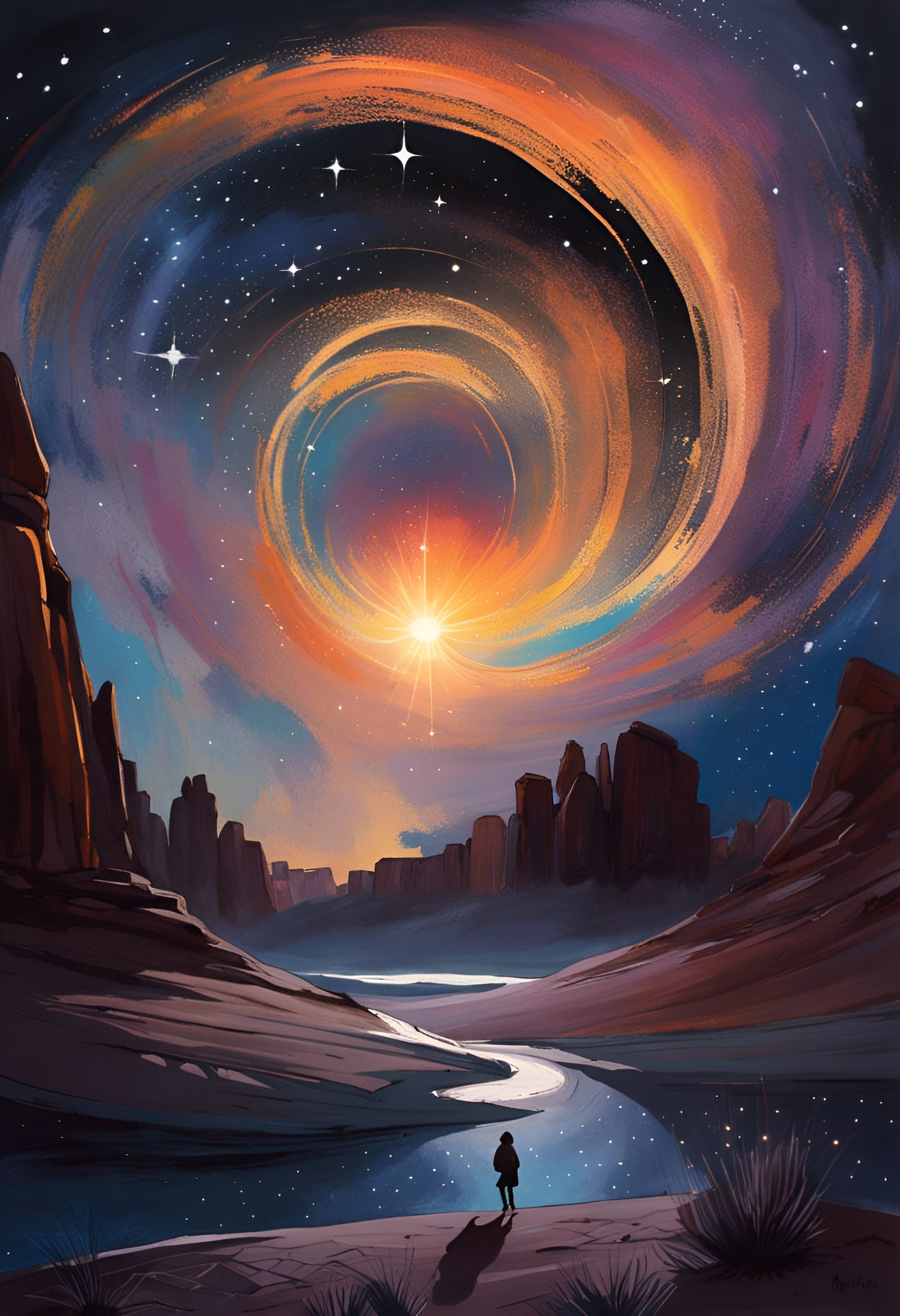 Star Portal Over Desert in Gouache Style