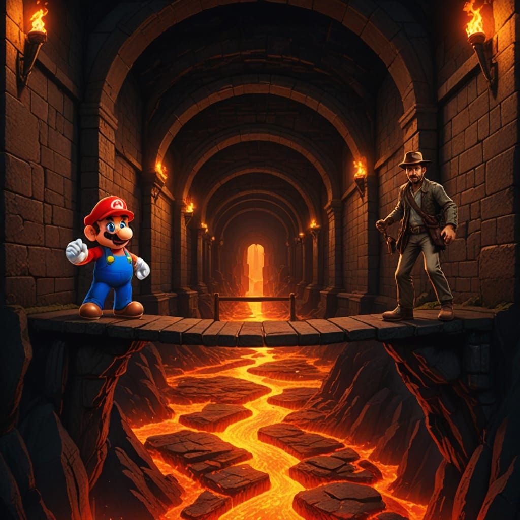 Mario and Indiana Jones Clash in a Fiery Castle