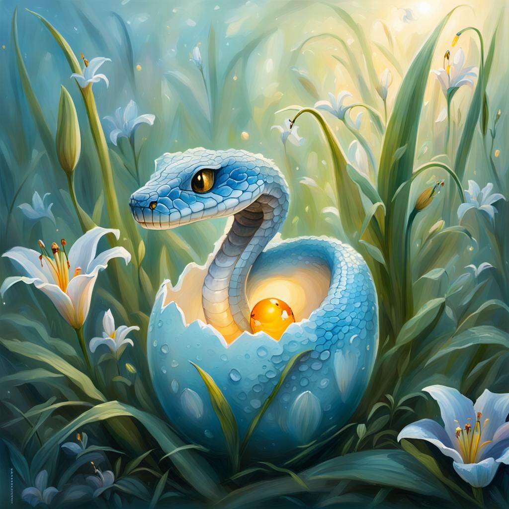 Pastel Cobra Hatching in Dewy Lily Patch