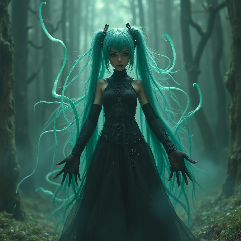 Hatsune Miku Summons Tendrils in Cosmic Horror Style