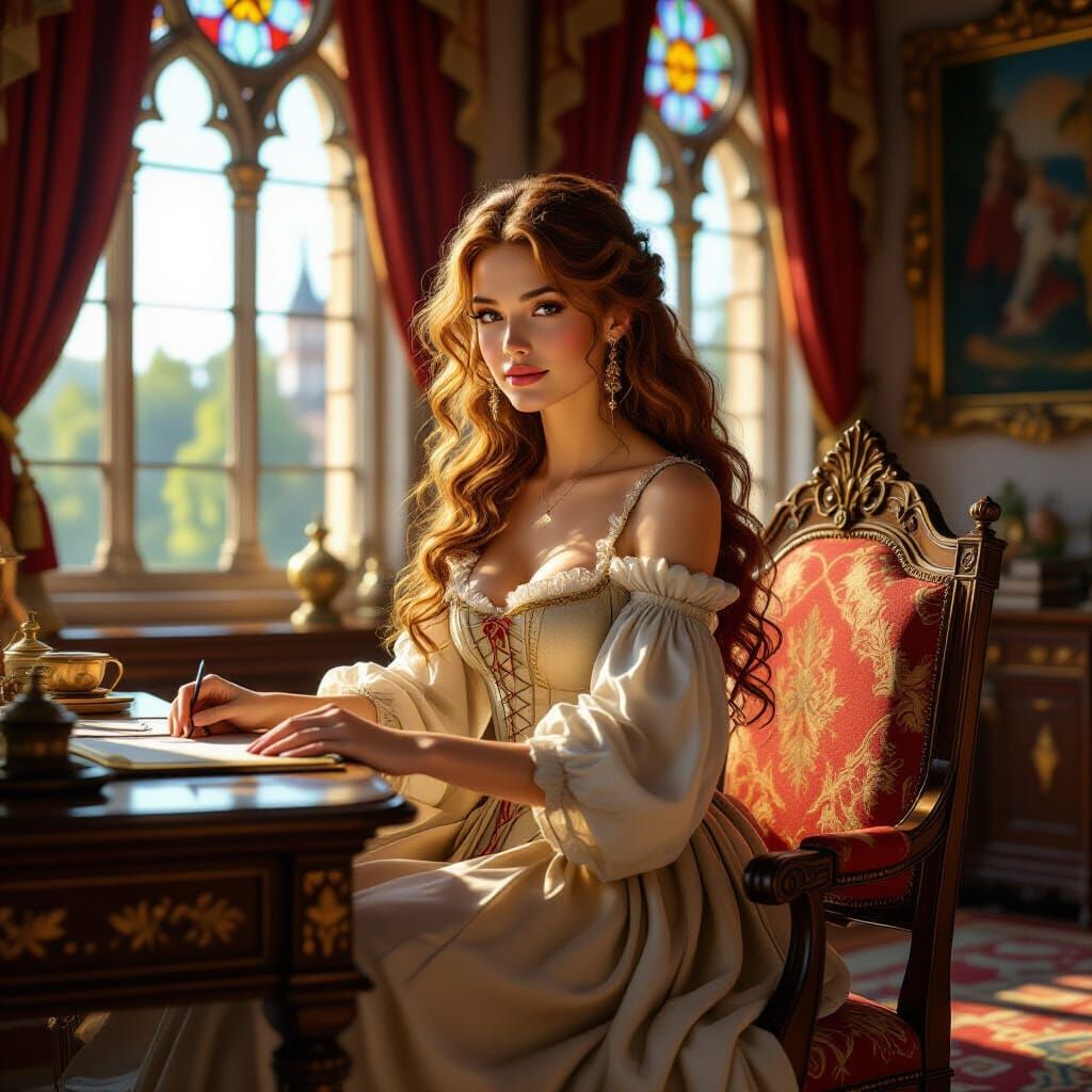 Renaissance Woman in Sun-Drenched Castle Parlor