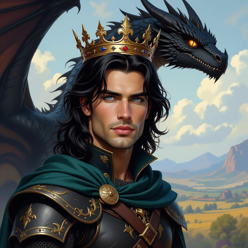 Epic Fantasy King with Dragon in Painterly Style