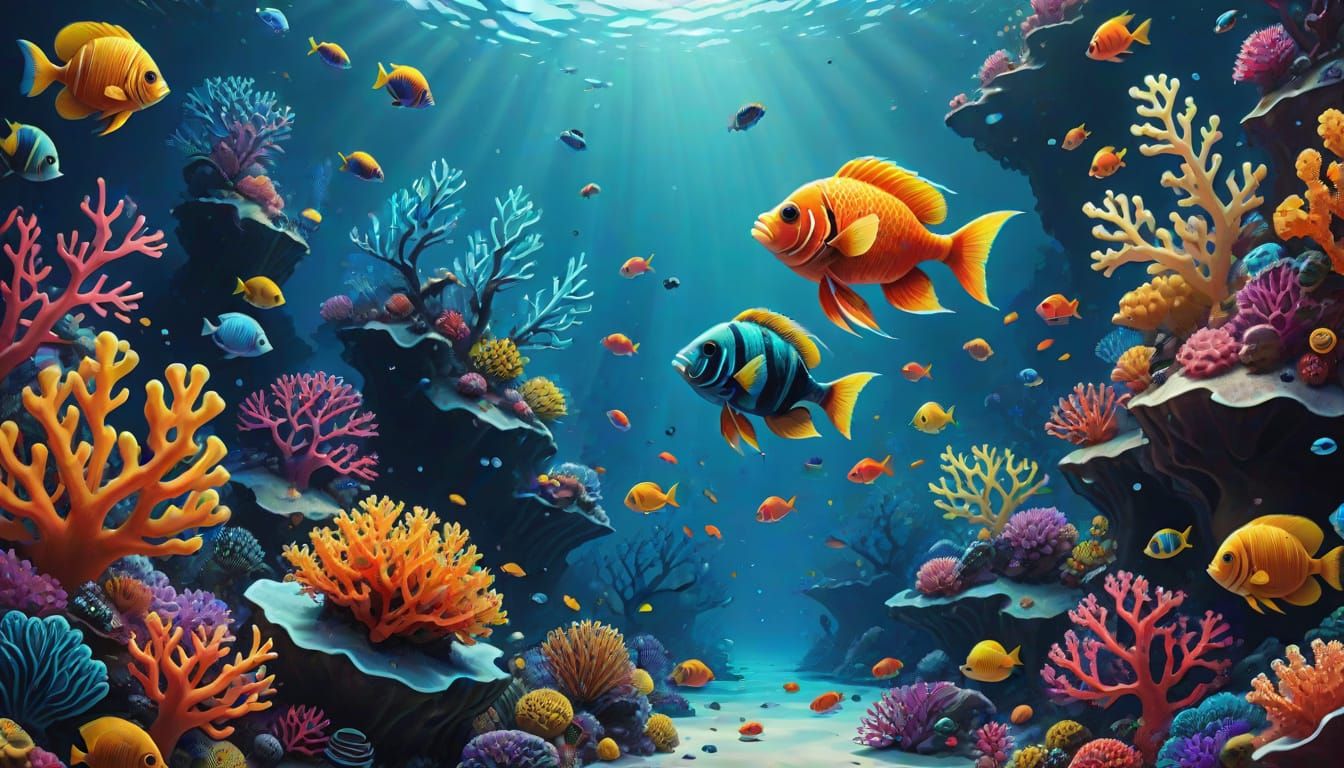Whimsical Tropical Fish in Coral Reef Oil Painting