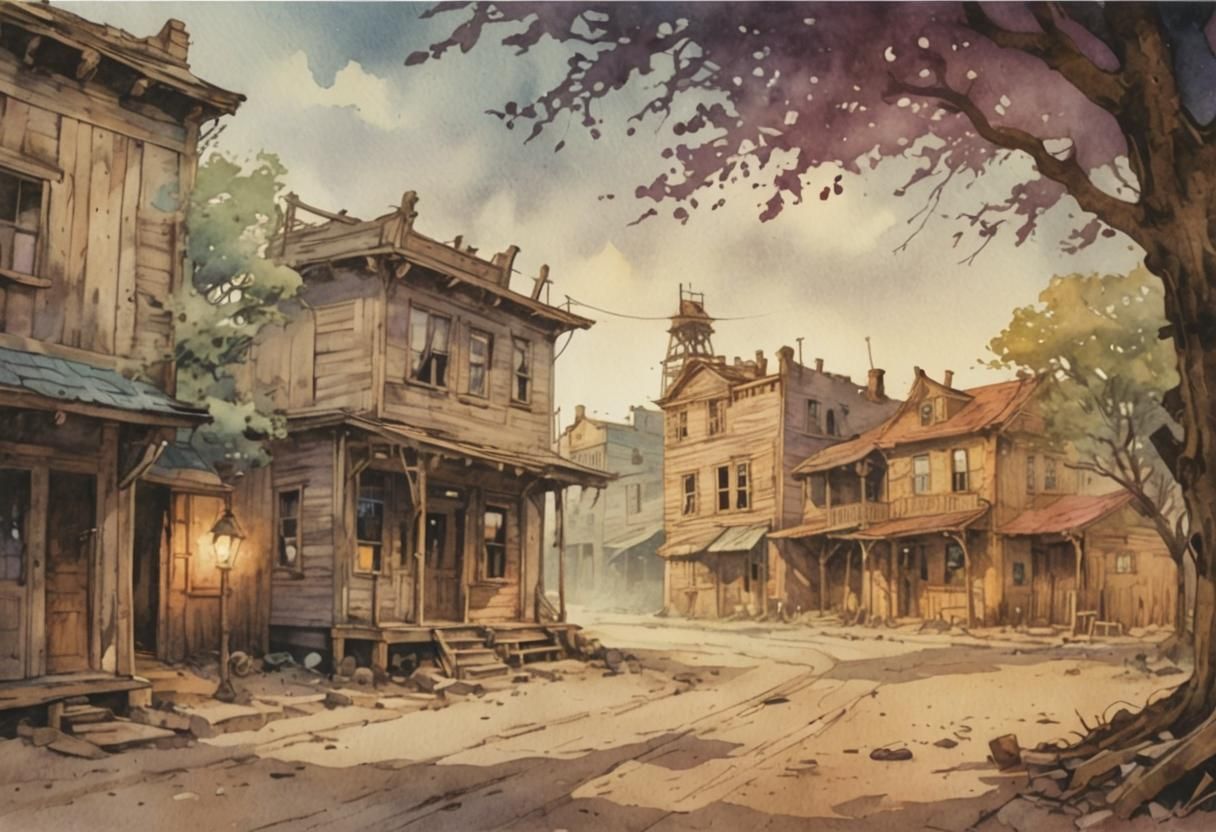 Eerie Wild West Ghost Town in Watercolor Comic Style