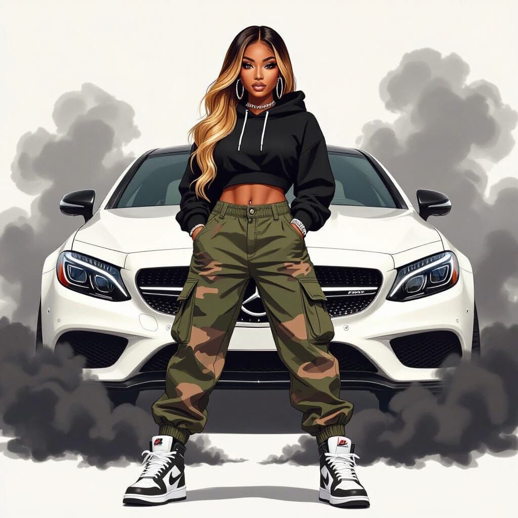 Confident Woman Posing with Mercedes and Smoke
