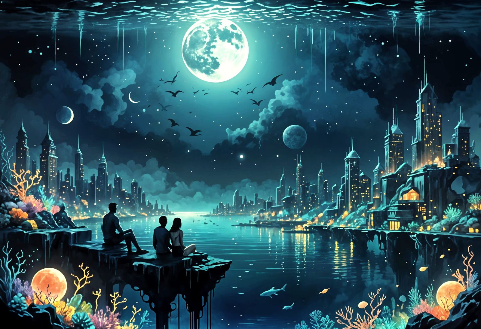 Underwater Neon City with Moon, Watercolour Art