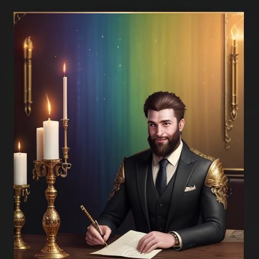 Bearded Man in Gold Suit Surrounded by Rainbows