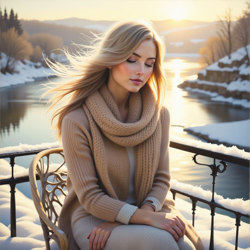 Woman on Terrace Facing River in Ethereal Watercolor Style