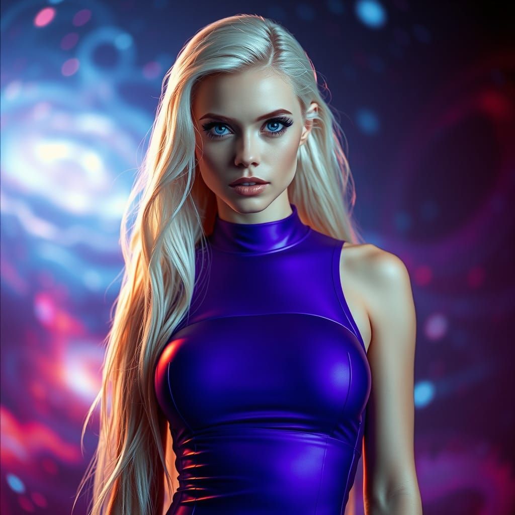 Platinum Blond Woman in Nebula, Cinematic Portrait