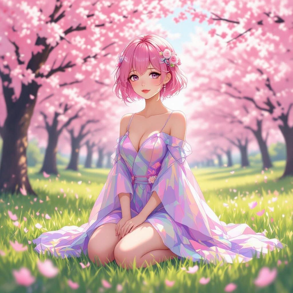 Anime Woman in Cherry Blossoms with Dreamy Background