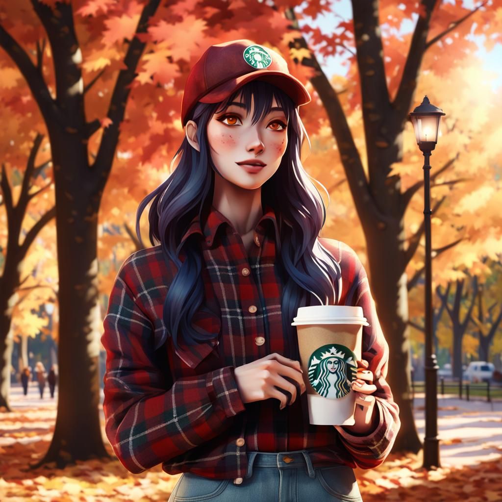 Anime Girl in Autumn Park with Starbucks