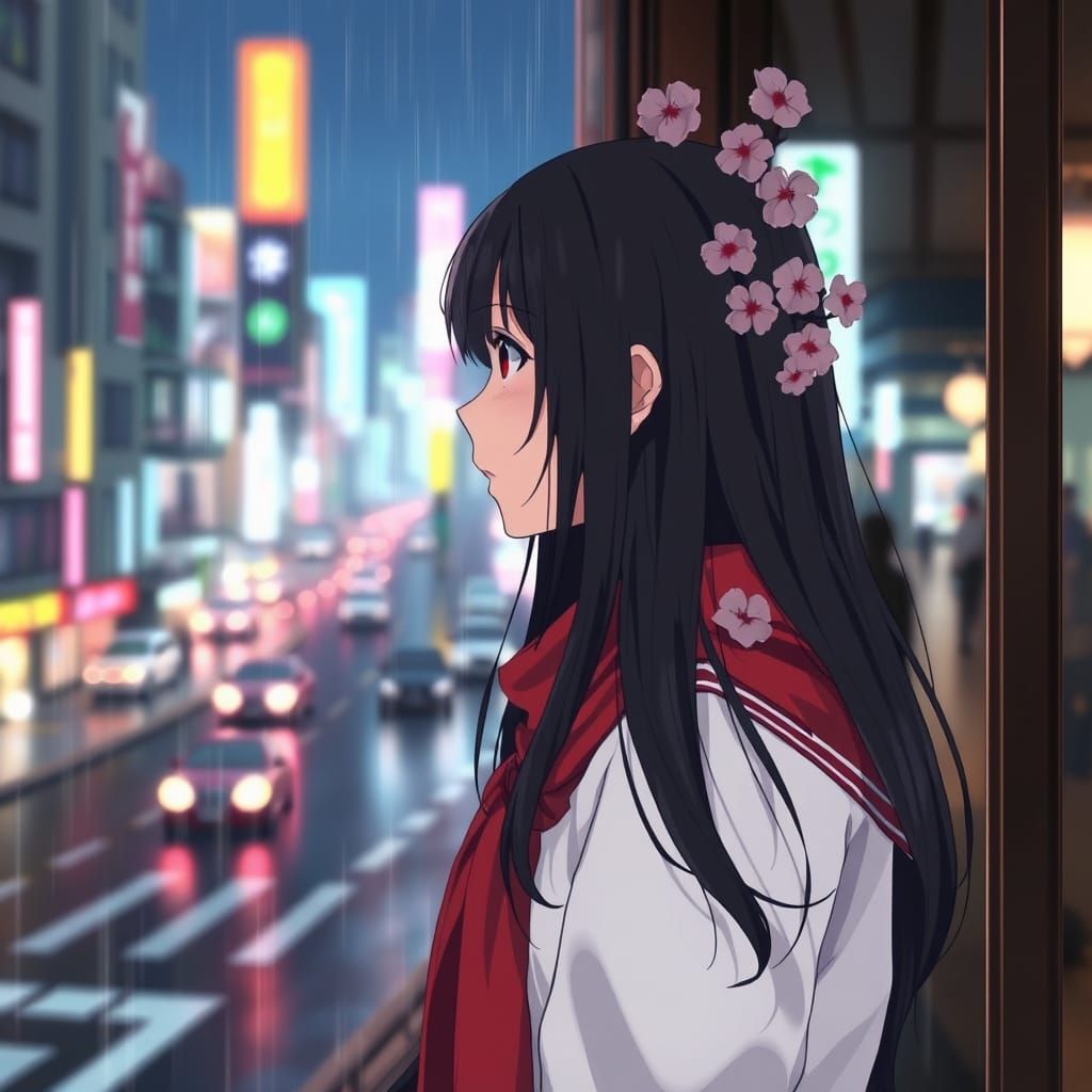 Sakura Girl Gazing at Rainy Tokyo in Anime Style
