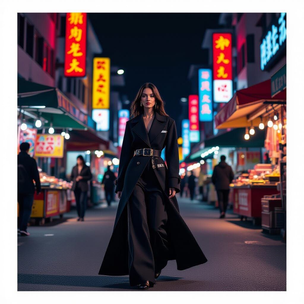Balenciaga Model in Vibrant Night Market Film Still