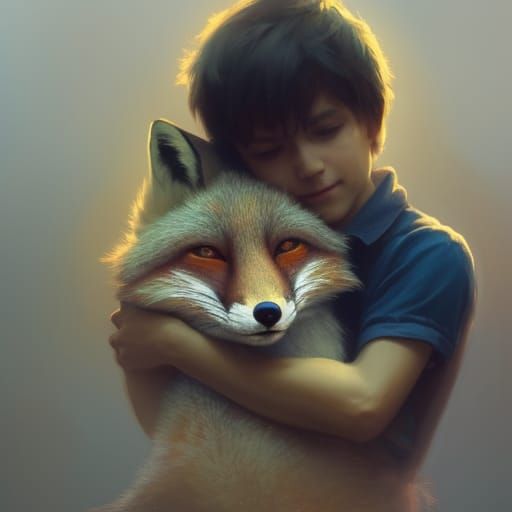 Boy hugging fox