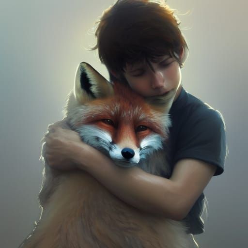 Boy hugging fox
