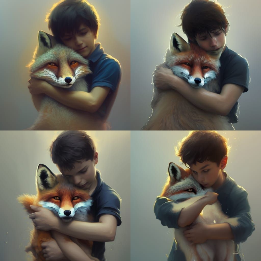 Boy hugging fox