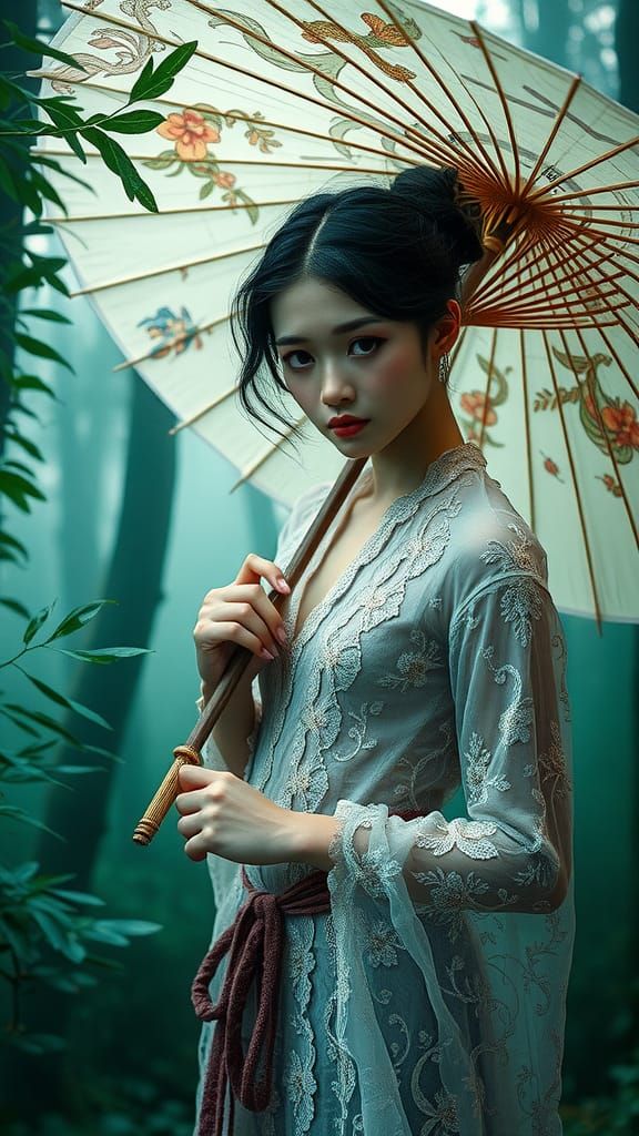 Ethereal Woman with Umbrella in Mystical Forest