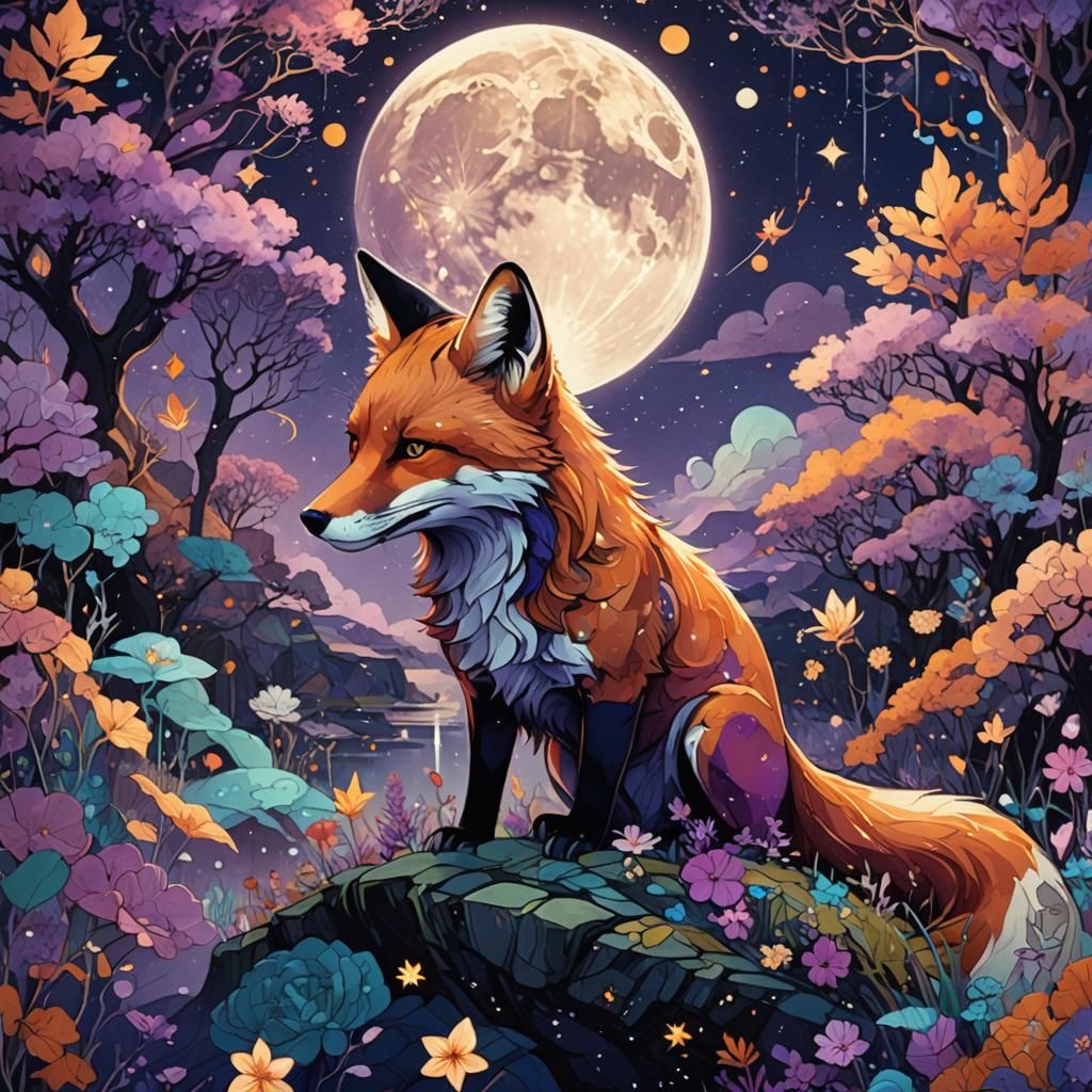 Surreal Fox Illustration with Stars and Moon