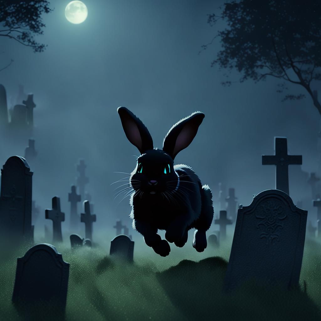 Bunny Rabbit in Graveyard, Miyazaki-esque Digital Painting