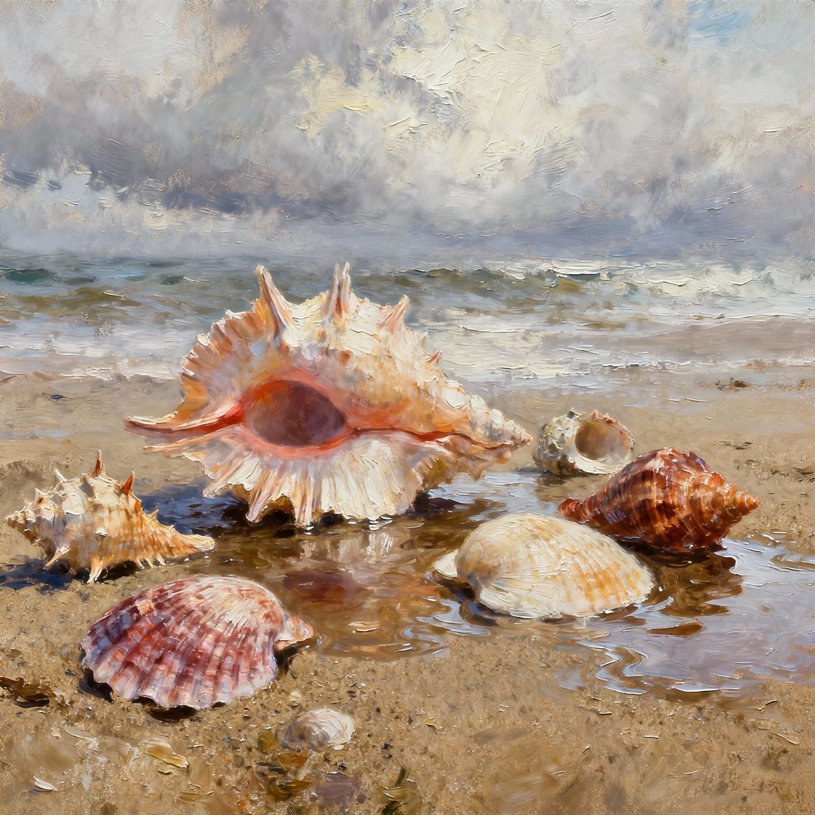Seashells on Wet Sand Oil Painting