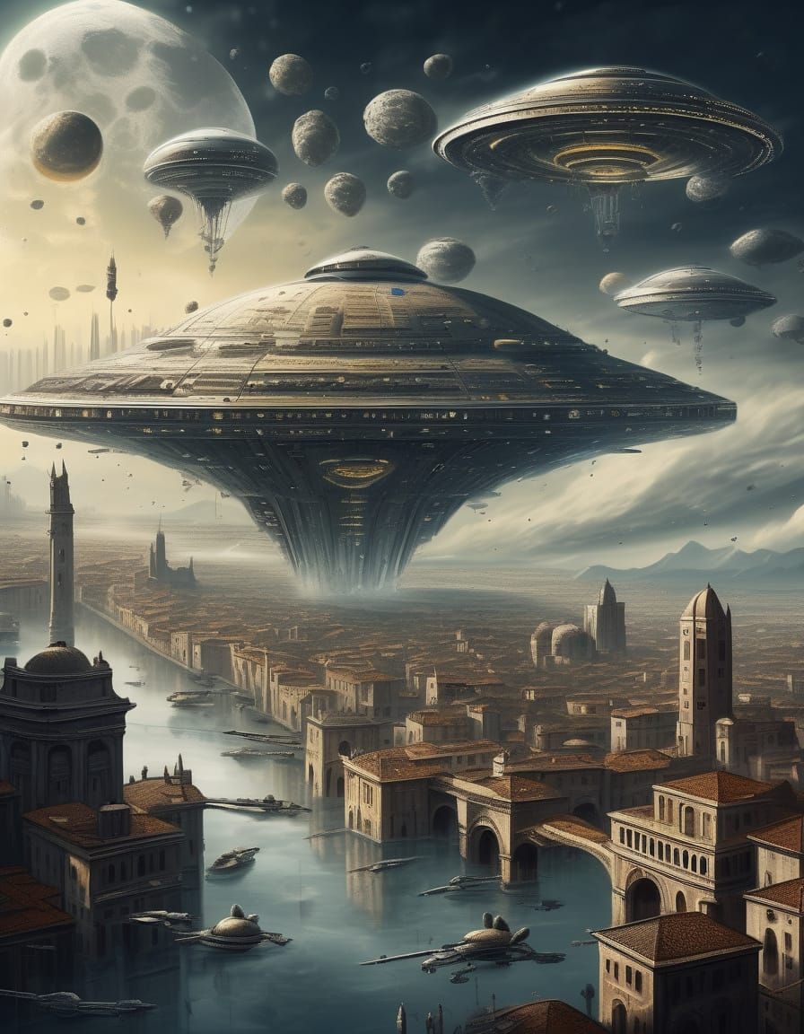 Renaissance Futurism: Sfumato Cityscape with Alien Encounter