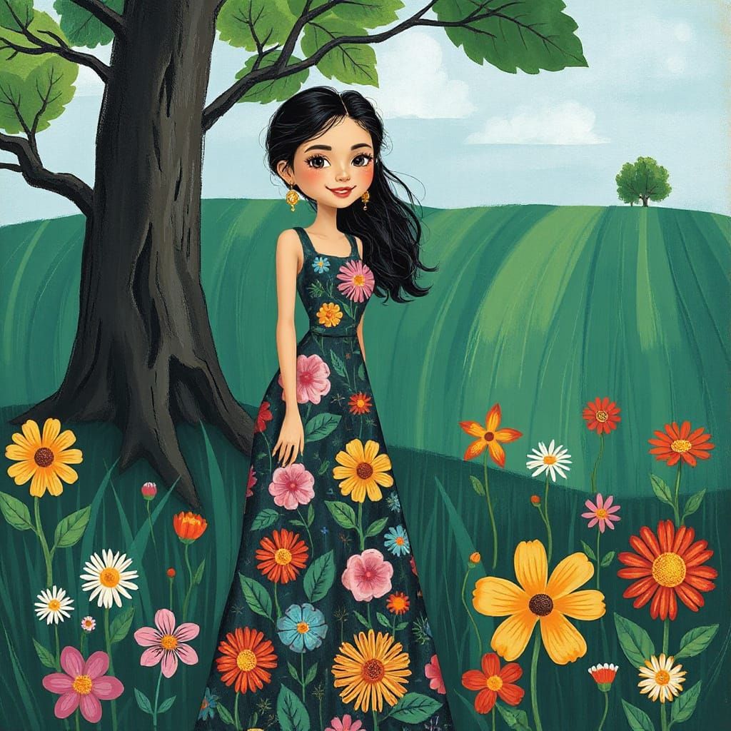 Whimsical Woman in Floral Dress, Dreamy Digital Art