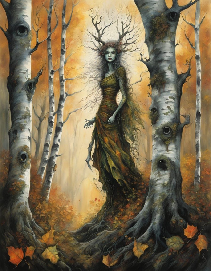Mysterious Birch Spirit in a Haunting Autumn Forest