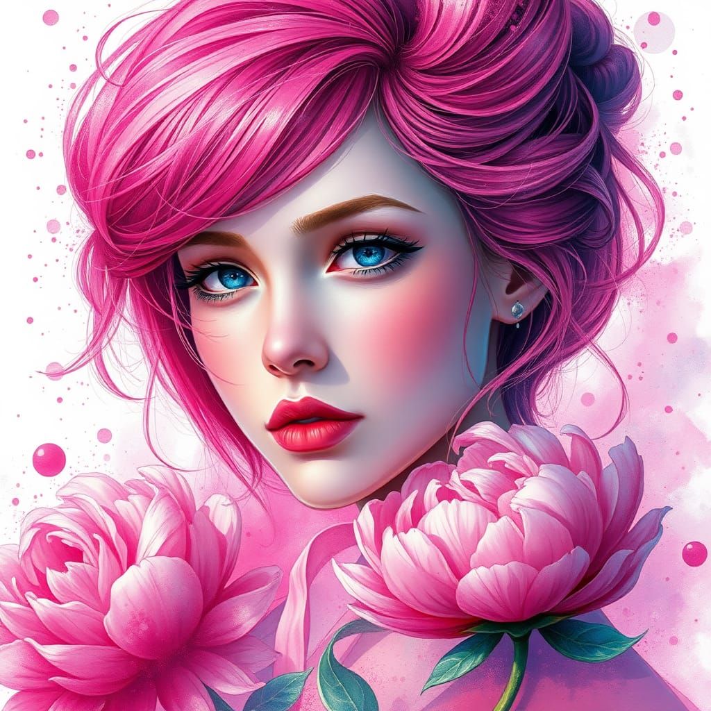 Dreamlike Portrait with Pink Hair in Airbrush Style