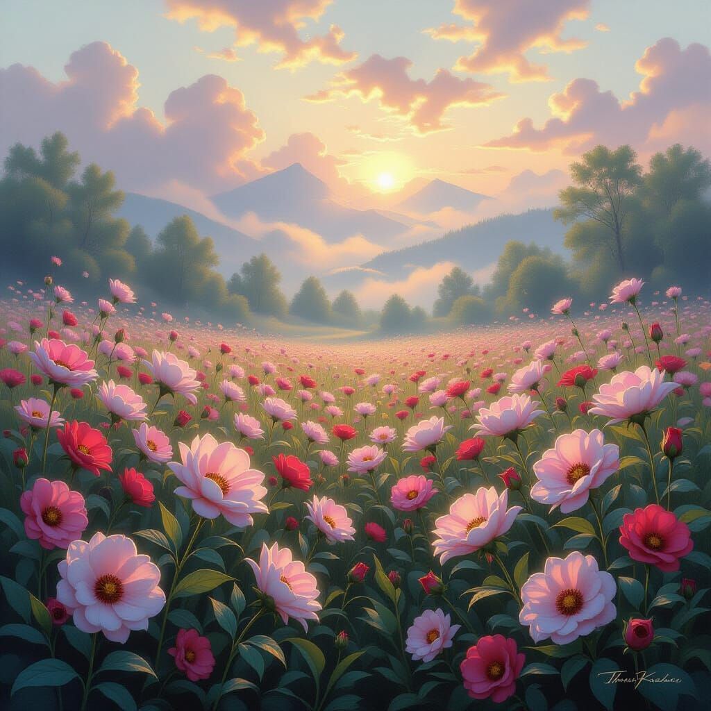 Ethereal Fantasy Flowers in Luminous Misty Sky