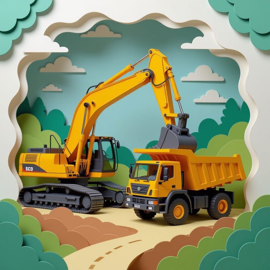 Whimsical Pop-Up Book Scene with Heavy Equipment